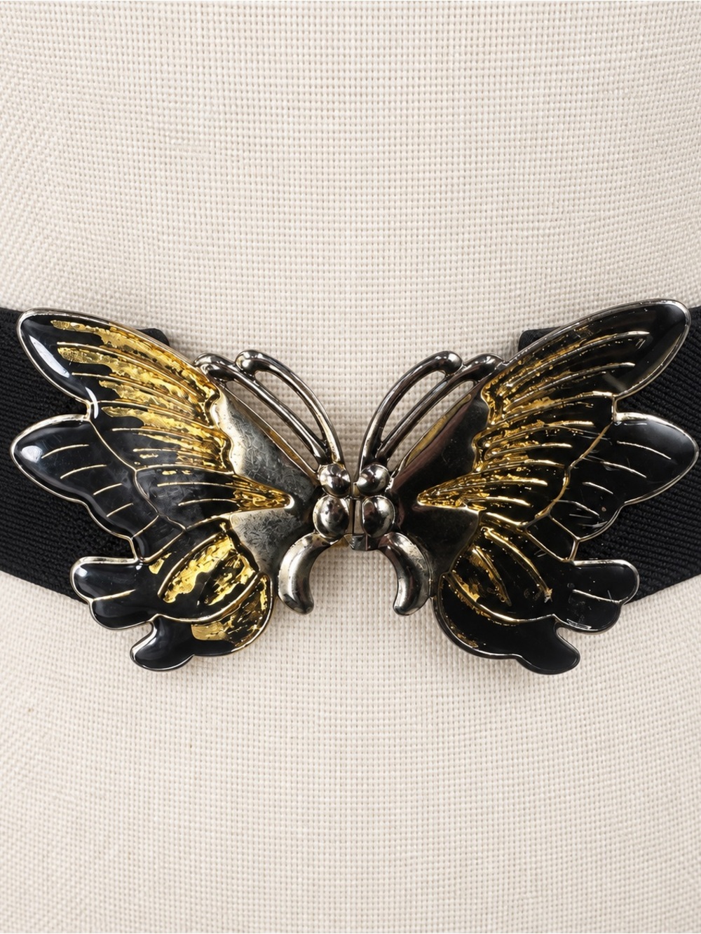 Vintage Black Stretch Belt with Oversized Two-Tone Butterfly Buckle Adjustable - Picture 4 of 8